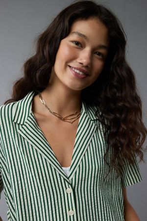 AE Short-Sleeve Tie Side Seersucker Button-Up Shirt