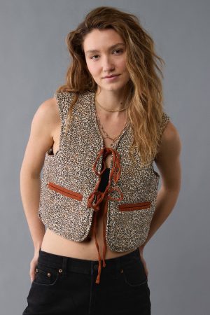 AE Reversible Leopard Tie Front Quilted Vest