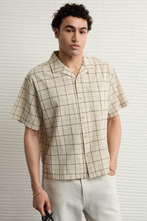 AE Poolside Linen-Blend Plaid Button-Up Shirt