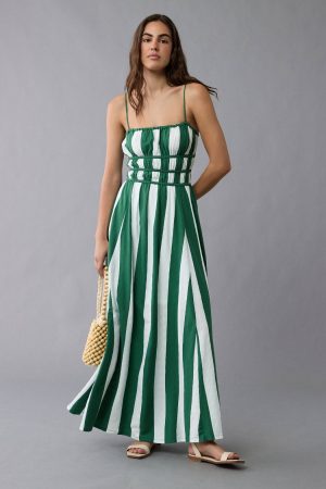 AE Sunchaser Knit Smocked Bodice Striped Midi Dress