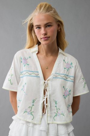 AE Collared Tie Front Embroidered Shirt