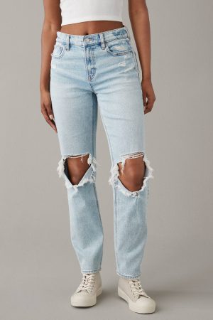 AE Stretch Super High-Waisted Ripped Ankle Straight Jean