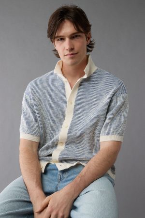 AE Weekend Striped Button-Up Sweater Polo Shirt