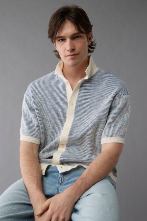 AE Weekend Striped Button-Up Sweater Polo Shirt