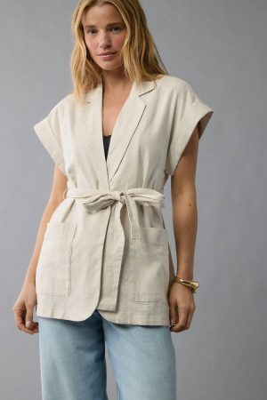 AE Linen-Blend Tie Waist Vest