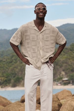 AE Weekend Textured Checkerboard Button-Up Sweater Polo Shirt
