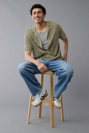 AE Weekend Textured Checkerboard Button-Up Sweater Polo Shirt