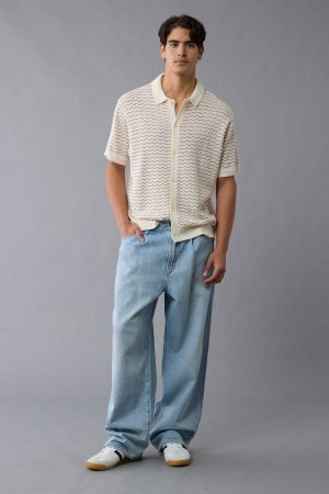 AE Weekend Striped Button-Up Sweater Polo Shirt