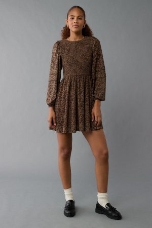 AE Long-Sleeve High Neck Mesh Mini Dress