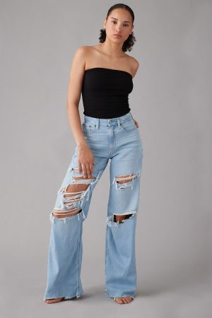 AE Dreamy Drape Stretch Curvy Super High-Waisted Ripped Baggy Wide-Leg Jean