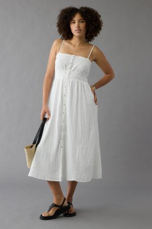 AE Ruched Button-Up Midi Dress