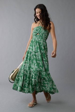 AE Halter Cut-Out Smocked Midi Dress