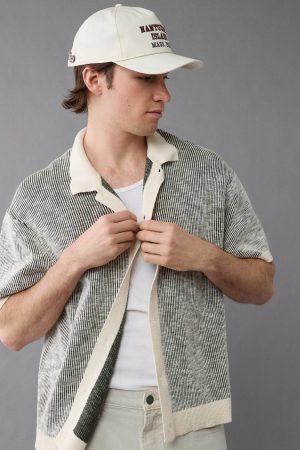 AE Weekend Striped Button-Up Sweater Polo Shirt