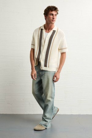 AE Weekend Crochet Button-Up Sweater Polo Shirt
