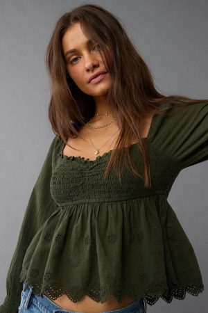 AE Long-Sleeve Smocked Babydoll Blouse