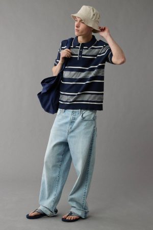 AE Weekend Jersey Striped Sweater Polo Shirt