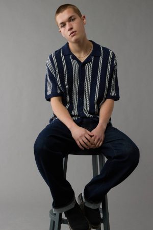 AE Weekend Striped Button-Up Sweater Polo Shirt