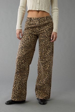 AE Stretch Leopard Low-Rise Baggy Wide-Leg Pant