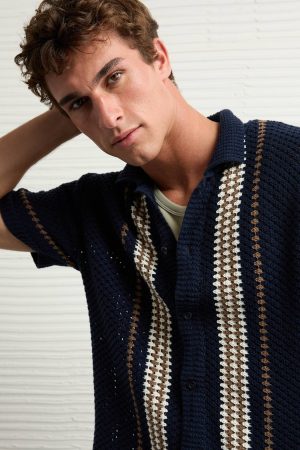 AE Weekend Crochet Button-Up Sweater Polo Shirt