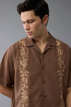 AE Poolside Linen-Blend Embroidered Button-Up Shirt