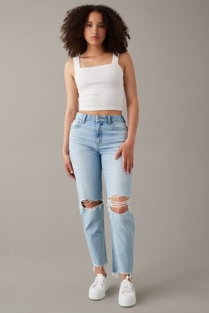 AE Strigid Curvy Ripped Mom Jean - Light Destroy Wash, 14 Long