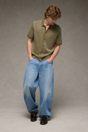 AE Weekend Striped Button-Up Sweater Polo Shirt
